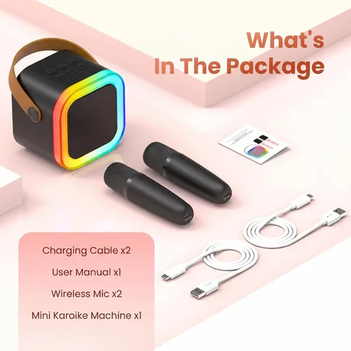 Vista 8 de Mini máquina de karaoke, micrófono de karaoke portátil Bluetooth con altavoz para cantar con 2 micrófonos y luz, monitores de audio de estudio