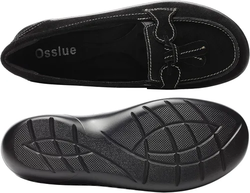 Vista 2 de Osslue Mocasines clásicos de piel de microgamuza para mujer, mocasines retro para conducir, mocasines de moda, con borlas, zapatos de barco cómodos