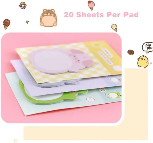 Vista 3 de 24 blocs de notas adhesivas con forma de animal, 8 bonitos patrones, 3 blocs de cada bloc de notas autoadhesivas Kawaii para escuela, oficina