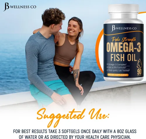 Vista 4 de Aceite de pescado Omega 3 Triple Strength 3750 mg - EPA y DHA - Más de 3000 mg de ácidos grasos omega-3 - 1350 mg EPA + 900 mg DHA - Los mejores