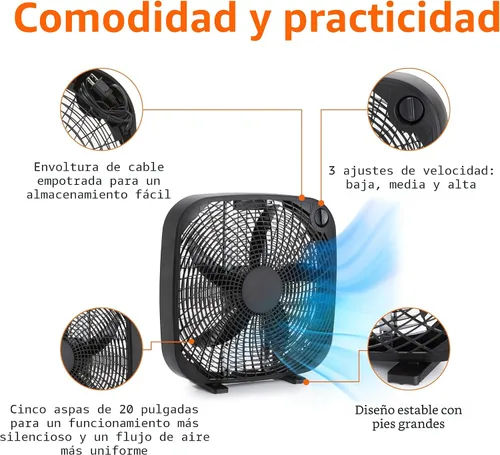 Vista 2 de Amazon Basics Ventilador de caja de 3 velocidades para dormitorio, portátil con asa de transporte, potente flujo de aire, 5 cuchillas, diseño