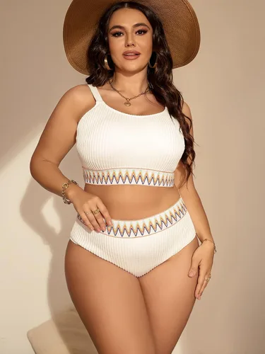 Vista 4 de Cozyease Conjunto de bikini para mujer, traje de baño de 2 piezas con cinta de cheurón y cintura alta