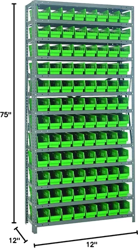 Vista 606 de Quantum QSBU-245BK Heavy Duty Shelving Unit with (7) Shelves and (24) QUS245 Black Bins for Garage Warehouse Storage Distribution 400 lb Load