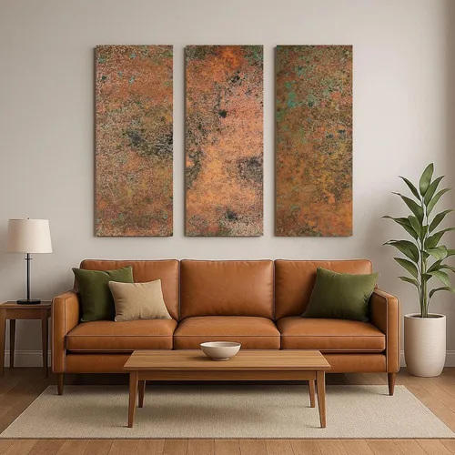 Vista 6 de Arte de pared de cobre real - Arte de metal de 3 paneles - Textura de pátina - Tríptico abstracto moderno - Decoración rústica hecha a mano
