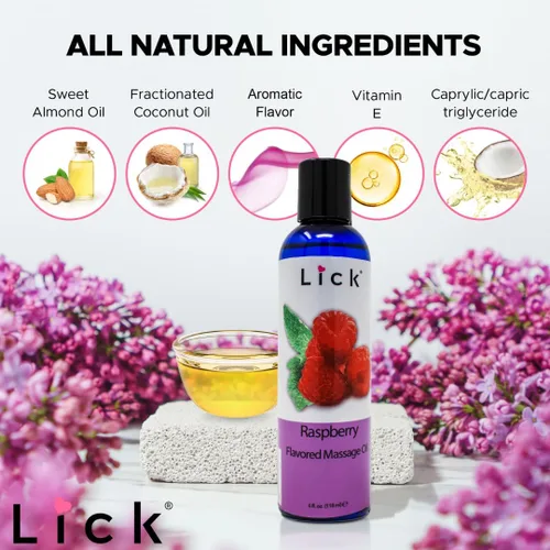 Vista 4 de Lick Aceite de masaje con sabor a frambuesa, aceite de masaje comestible de bayas brillantes con aceite de almendras dulces y vitamina E