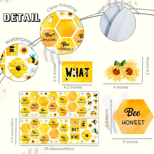 Vista 6 de OLMIXA Calcomanías de pared de miel de abeja de acuarela, cita inspiradora "What I Can Bee", calcomanías de vinilo con frase positiva de verano