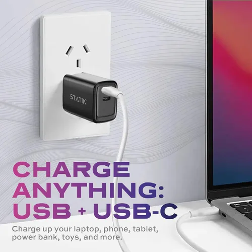Vista 5 de STATIK Adaptador de corriente GaN de carga rápida - 48W Dual USB C y USB - Cargador compacto plegable para iPhone, iPad, Samsung, Pixel - Protección