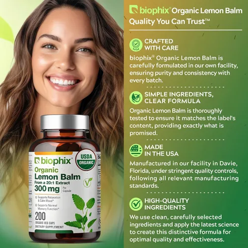 Vista 7 de biophix Cápsulas de bálsamo de limón orgánico de 300 mg USDA orgánico, extracto 20:1, apoya la relajación, calma el estado de ánimo, la memoria