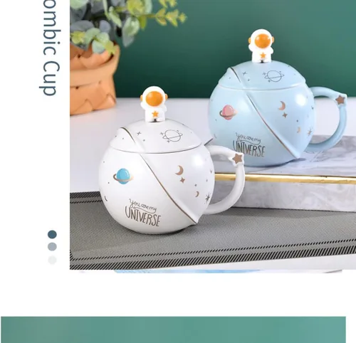 Vista 5 de HwaGui Taza de astronauta Kawaii con tapa y cuchara, hecha a mano, bonita taza de cerámica para café, té, leche, agua, espacial, regalo novedoso