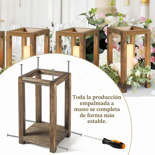 Vista 5 de 12 linternas de madera para centros de mesa de boda decorativos, portavelas rústico decorativo para fiesta de boda, linterna de vela sin llama