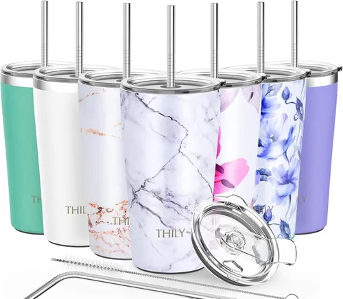 Vista 13 de THILY Vaso de viaje de acero inoxidable con aislamiento al vacío de 26 onzas, taza de café con 2 tapas y popotes, a prueba de salpicaduras Brisa