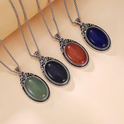 Vista 5 de VIJASHOP Collar ovalado de piedras preciosas de acero inoxidable, colgante vintage, piedras semipreciosas, regalo de joyería para mujeres y niñas