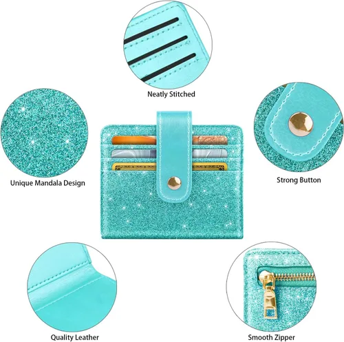 Vista 7 de Simikol Billeteras pequeñas para mujer Slim Minimalistfor Bifold Credit Card Holder para bolsillo o monedero, Glitter Tiffany
