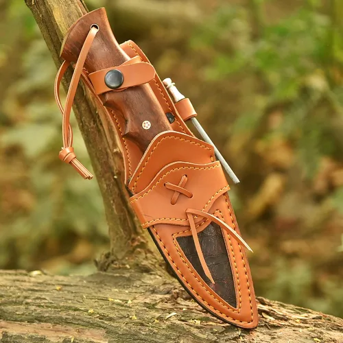Vista 5 de Cuchillo de caza de Damasco hecho a mano de 10 pulgadas con funda de cuero, ideal para desollar, acampar, al aire libre, cuchillo de bushcraft