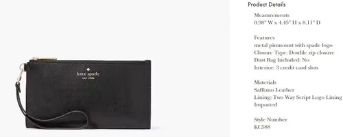 Vista 3 de Kate Spade - Cartera para mujer, diseño de Madison, grande, delgada y plegable, Negro -, Muñequera