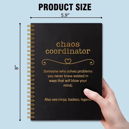 Vista 2 de Chaos Coordinator - Cuadernos de espiral de tapa dura negra y dorada, cuaderno de coordinador del caos, regalos de agradecimiento para empleados