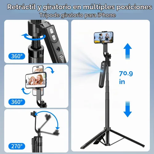 Vista 4 de Trípode de seguimiento facial automático con rotación de 360° con soporte, trípode de teléfono con sensor de movimiento de 70.9", sin aplicación