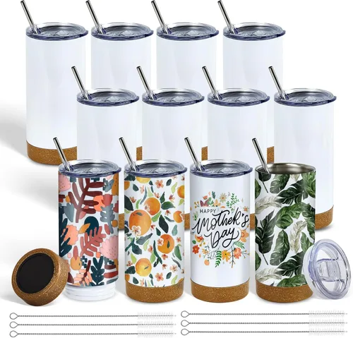 Vista 7 de Paquete de 6 vasos de sublimación aislados de 17 onzas a granel, vasos de doble pared de acero inoxidable con base de silicona de corcho y tapa