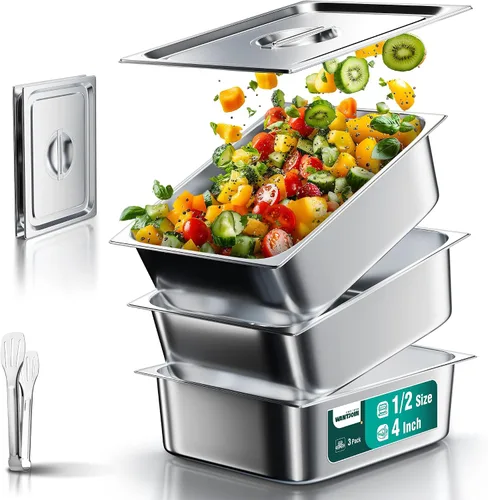 Vista 13 de WantJoin Recipientes Gastronómicos con Tapa 1/1 Tamaño Completo 4 Pulgadas de Profundidad Paquete de 3, Juegos de Bandejas de Metal de Acero