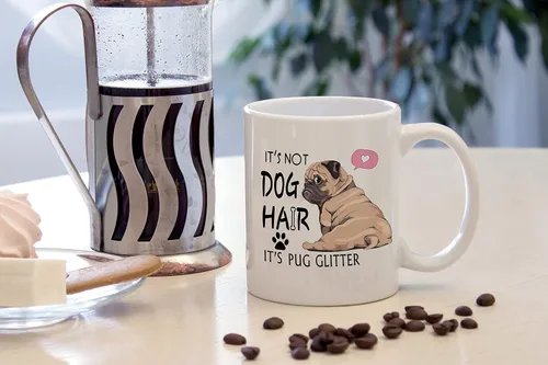 Vista 4 de DOTAIN Taza de café divertida con purpurina «It's Not Dog Hair It's Pug It», taza de cerámica de doble cara de 11 onzas para café, té, leche, regalo