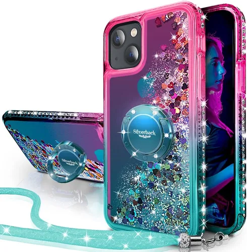 Vista 11 de Silverback - Funda para iPhone 13 con soporte de anillo, color dorado transparente Moving Liquid Holographic Sparkle Glitter, Kickstand, Bling