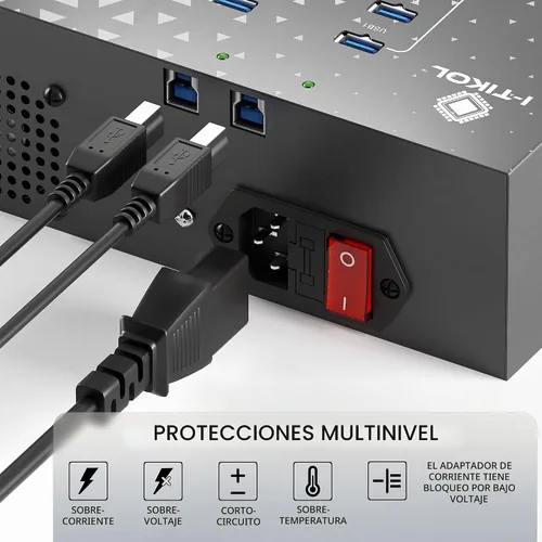 Vista 4 de Hub USB 3.0 de 20 puertos – Sincronización de 5 Gbps y transferencia de datos de alta velocidad, concentrador USB con fuente de alimentación