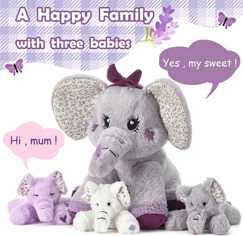 Vista 2 de Elefante mamá de peluche de animal de peluche mamá y bebé, lindo juego familiar pequeño de 13 pulgadas con mini bebés, regalos para niños