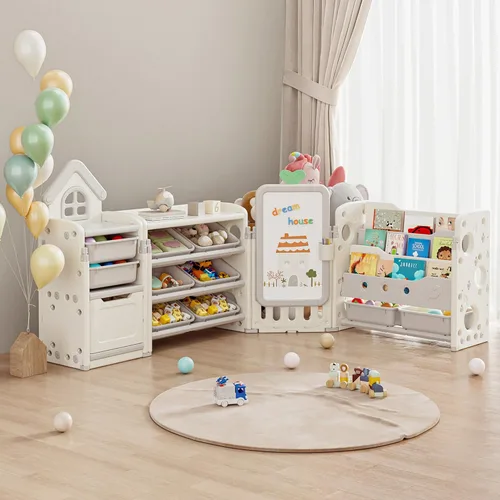Vista 9 de Organizador de Almacenamiento de Juguetes para Niños con 10 Cubos Extraíbles, Organizadores de Juguetes Plegables y Almacenamiento con Estantería