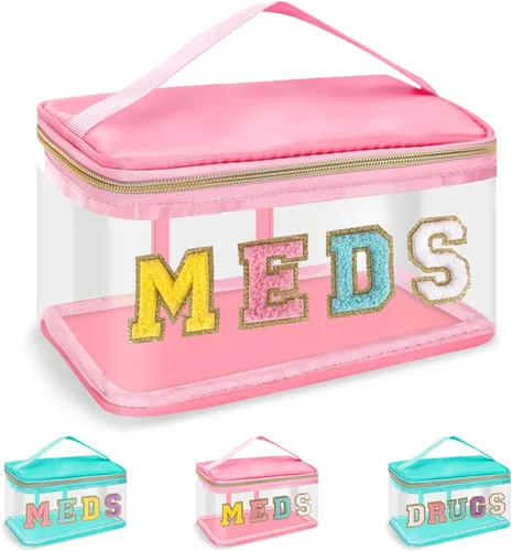Vista 16 de Iqimott Bolsa de parche de felpilla con letras MEDS transparente, bolsa de maquillaje portátil de preparación para mujeres y niñas, viajes, bolsa