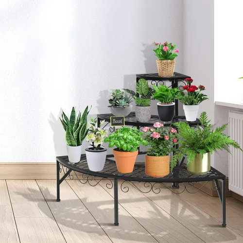 Vista 2 de Giantex Soporte esquinero de metal de 3 niveles, estante esquinero redondo para plantas con almohadillas antideslizantes, estante esquinero