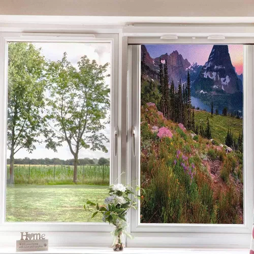 Vista 3 de Película escénica de verano para ventana, película de privacidad para ventana, prado floral silvestre en montañas alpinas, puesta de sol