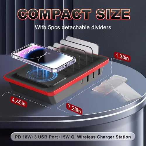 Vista 9 de Estación de carga para múltiples dispositivos, estación de carga de 4 puertos de 85 W con potentes puertos USB C PD de 18 W, cargador inalámbrico QI