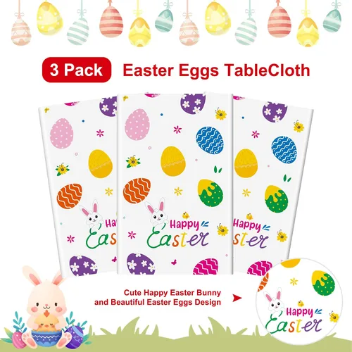 Vista 5 de Mantel de Pascua de 3 piezas, funda de mesa de conejo de Pascua, mantel rectangular de plástico desechable con huevos coloridos para primavera, día