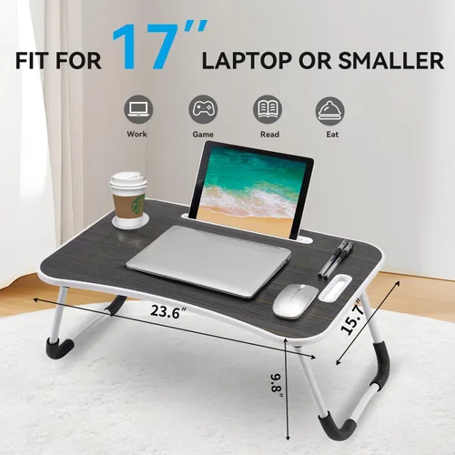 Vista 5 de BUYIFY Escritorio Plegable para Regazo, Escritorio Portátil de Madera Negra de 23 Pulgadas para Laptop en Cama con Portavasos, para Trabajar, Leer