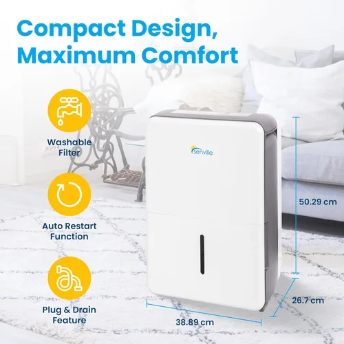 Vista 5 de Senville Deshumidificador de 20 pintas, certificado Energy Star, filtro lavable, ideal para sótanos, dormitorio, sala de estar, Energy Star, filtro