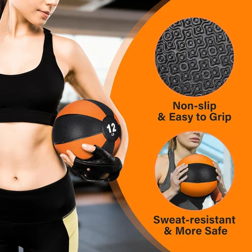 Vista 3 de Pelota medicinal Slam de 12 libras con peso y agarre texturizado de carcasa de goma para fuerza central, ejercicio, cardio, equilibrio y flexibilidad