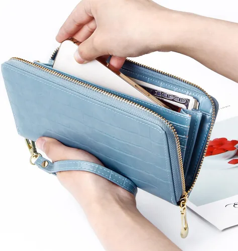 Vista 6 de Badiya Cartera para mujer con bloqueo RFID de cuero con cremallera de gran capacidad para tarjetas de crédito bolso largo Azul