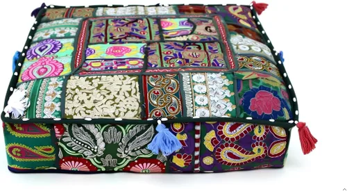Vista 10 de CRAFT KALA Funda de Puf Tradicional de Retazos Cuadrada India Pufs de Sala de Estar India Otomana de Diseñador Bordada Decorativa Hogar Vida Rosa