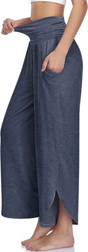 Vista 2 de UEU Pantalones de yoga de pierna ancha para mujer, de cintura alta, cómodos, holgados, casuales, suaves, con bolsillos