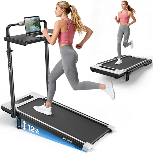 Vista 13 de ANCHEER Cinta de correr con inclinación del 12%/15%, almohadilla plegable con barra de asa, capacidad de 320-450 libras debajo del escritorio