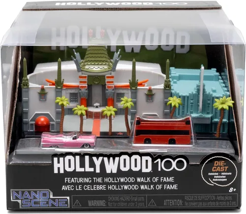 Vista 6 de Jada Nano Hollywood Rides Paseo de la Fama Diorama con letrero de Hollywood y 2 vehículos