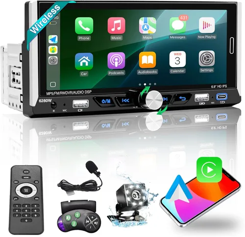 Vista 7 de Radio con pantalla táctil DIN simple de 6,9 pulgadas con Apple CarPlay