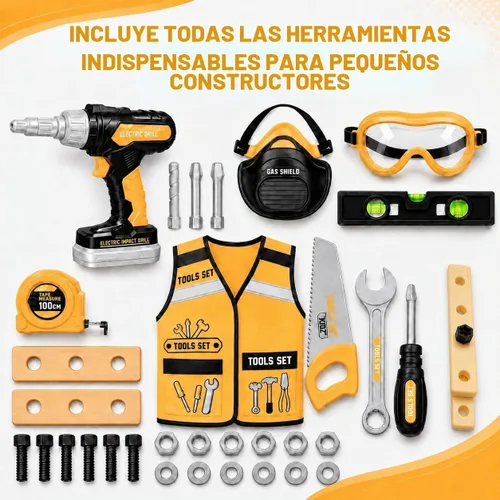 Vista 3 de Juego de herramientas para niños con estuche de transporte, taladro electrónico con brocas y chaleco de construcción – Kit de juego simulado