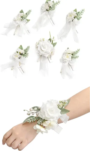 Vista 13 de Ling's Moment Paquetes de flores de boda prearreglados en azul polvoriento y azul marino, paquete de boutonnieres y ramilletes de muñeca