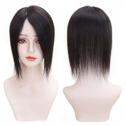 Vista 7 de Parte en U de cabello humano real con base de seda, parte lateral, clip en el postizo lacio, sin costuras, repuesto para pérdida de cabello de Negro
