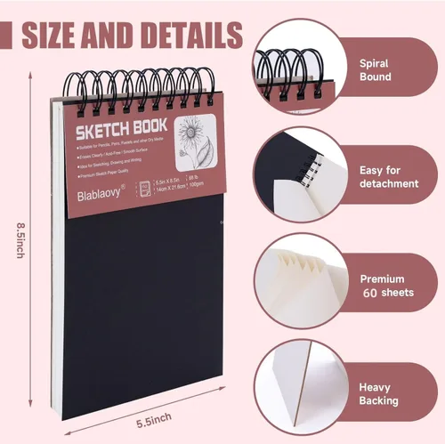 Vista 5 de Cuaderno de bocetos de 5.5" x 8.5", bloc de bocetos con 60 hojas (68 libras/100 g/m²), paquete de 1 bloc de dibujo, libro de dibujo libre de ácidos
