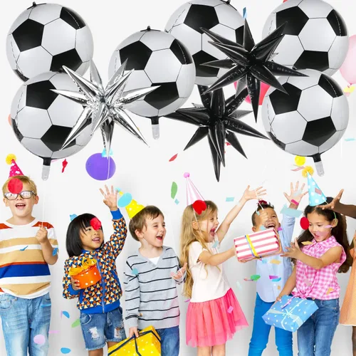 Vista 3 de 6 globos de fútbol, 3 globos de papel de aluminio con forma de estrella puntiaguda para decoraciones de fiesta de fútbol, globos de Mylar de fútbol