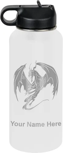 Vista 33 de LaserGram Botella de agua con tapa abatible de doble pared de 12 onzas con pajilla, dragón, grabado personalizado incluido (negro)