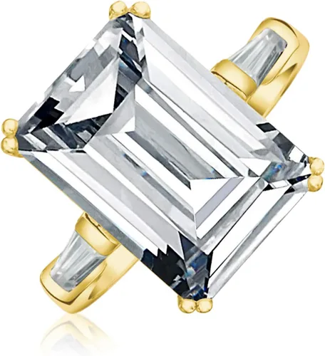 Vista 2 de Anillo de compromiso de plata de ley 925 chapada en oro amarillo de 14 quilates, circonita cúbica AAA, corte esmeralda, estilo Art Deco para mujer