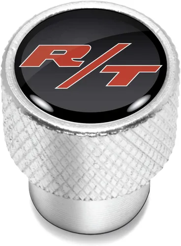 Vista 2 de iPick Image Para Dodge R/T Logo en negro sobre tapas de vástago de válvula de neumático de aluminio plateado brillante